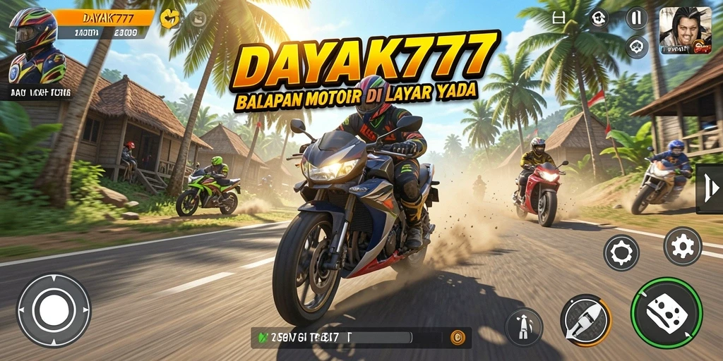 Tampilan gameplay seru di DAYAK777 dengan motor balap cepat.