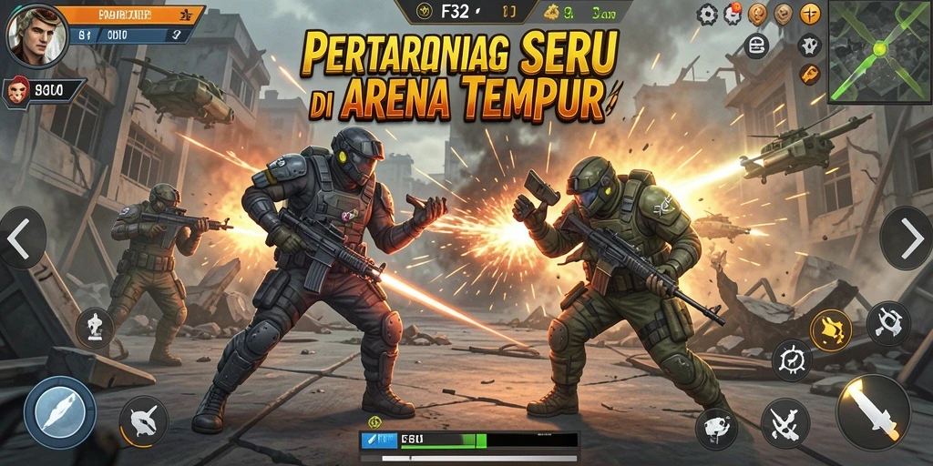 Screenshot F32 menampilkan duel epik karakter-karakter dalam arena tempur.