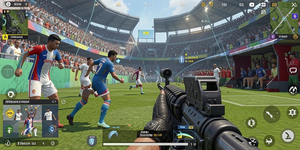 Screenshot gameplay FPS FIFA234 dengan aksi mendebarkan di medan perang.