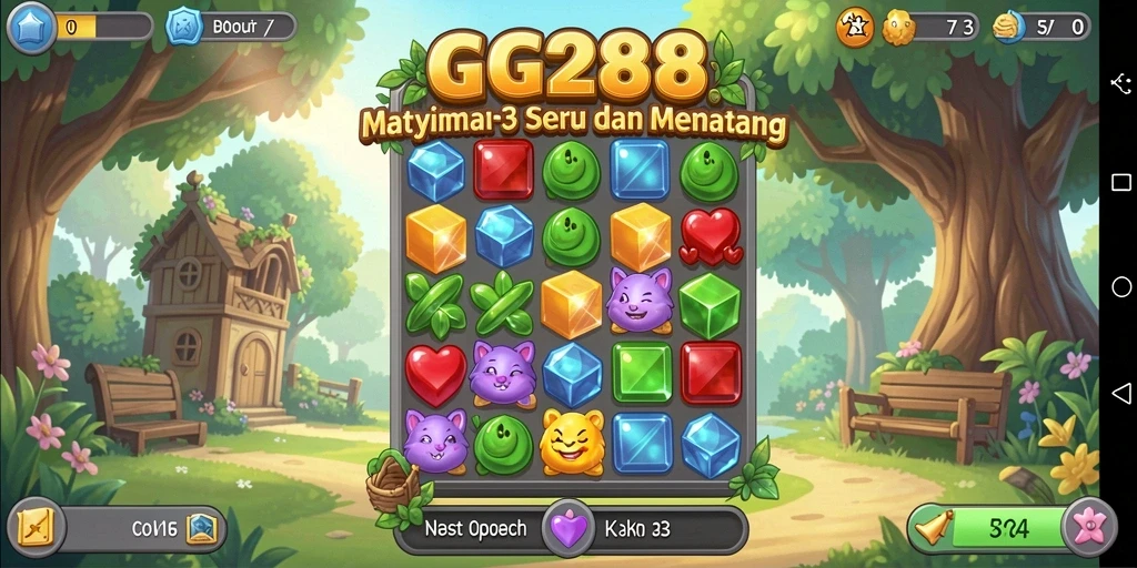 Screenshot GG288 menunjukkan gameplay Match-3 yang seru dan penuh warna.