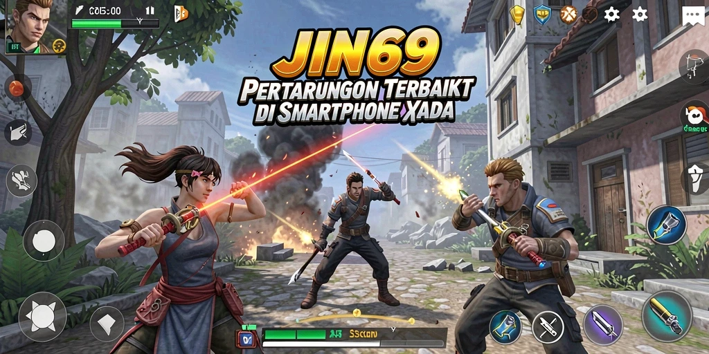 Tampilan gameplay menegangkan dalam JIN69 dengan pertarungan karakter yang dinamis.