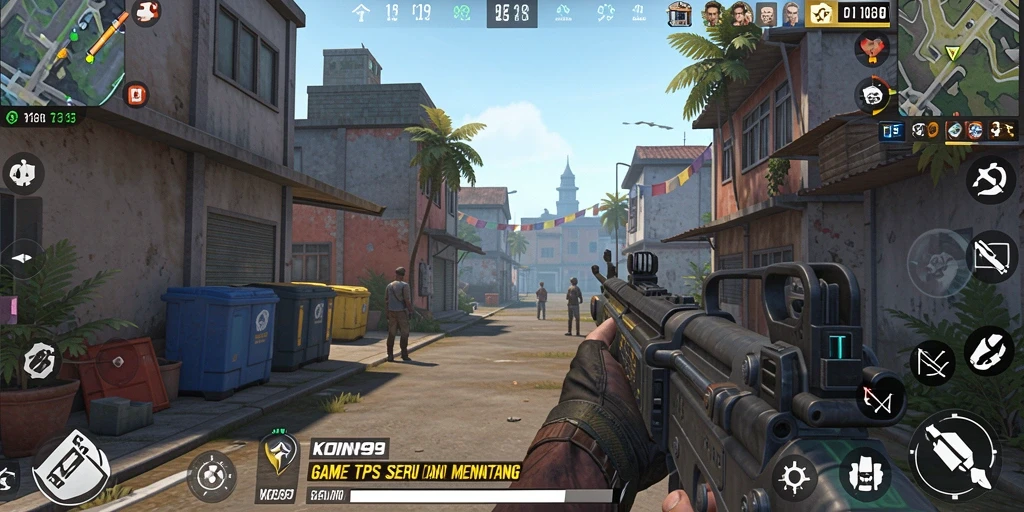 Tampilan gameplay KOIN99 yang penuh aksi dalam mode TPS.