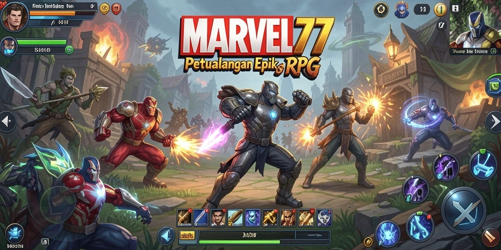 Screenshot memperlihatkan aksi pertarungan epik dalam <strong>MARVEL77</strong>.