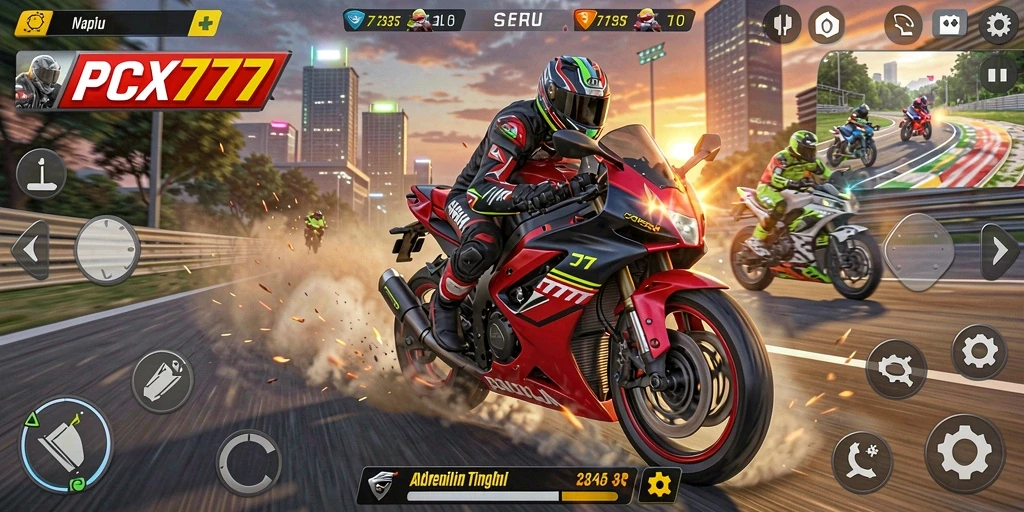 Tangkapan layar utama PCX777 menampilkan balapan motor yang mendebarkan dan penuh aksi.