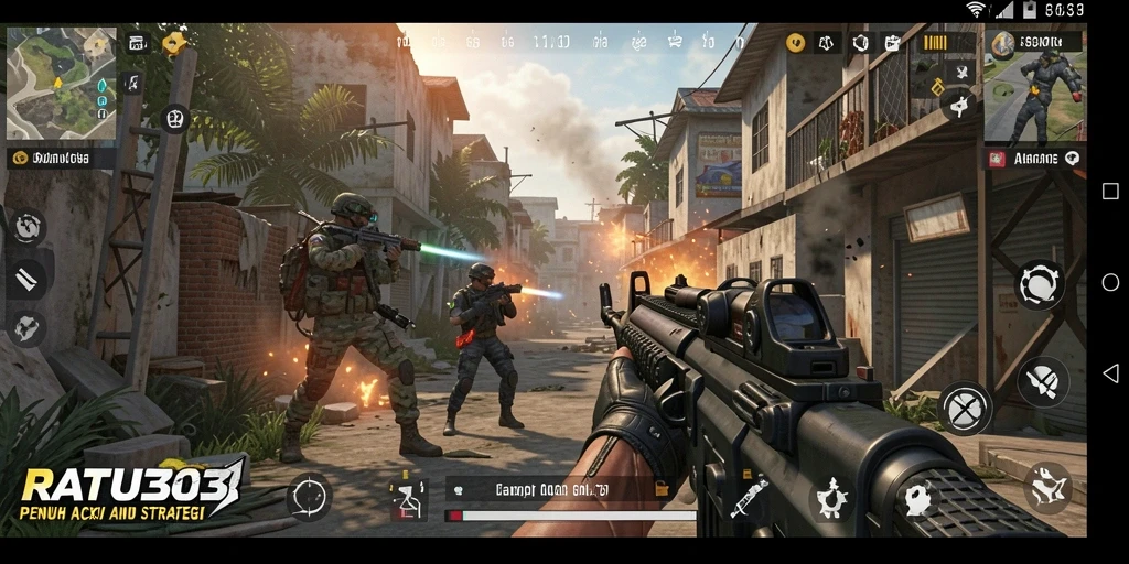Screenshot dari gameplay menegangkan dalam RATU303 yang menunjukkan aksi FPS yang seru.