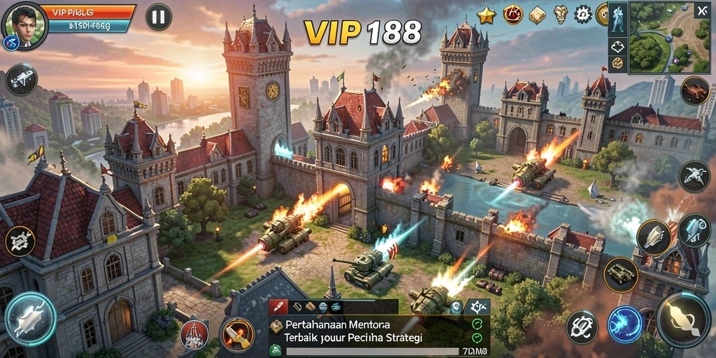 Screenshot gameplay VIP188 dengan menara pertahanan strategis.